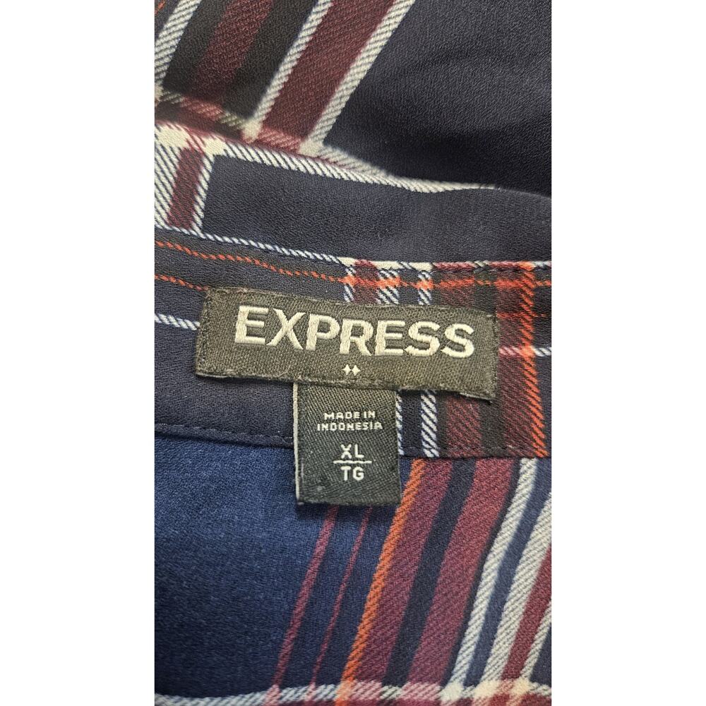 Express Womens XL Blouse Blue Plaid V-Neck Collar Roll Tab Sleeves Button-Up - Picture 7 of 8